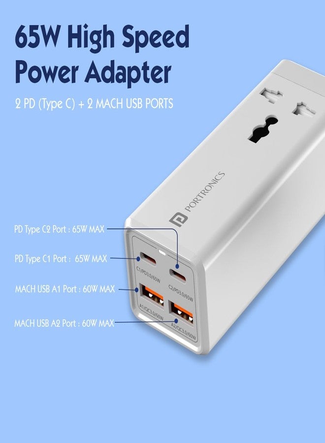 Portronics Adapto Volt 65 65W High Speed 5-in-1 Power Strip with 2 Type C PD Ports, 2 Mach USB Ports and 1 AC Power Socket, Compatible with Laptop,Smartphones, iPhones, Tablet, Power Bank(White) - Image 5
